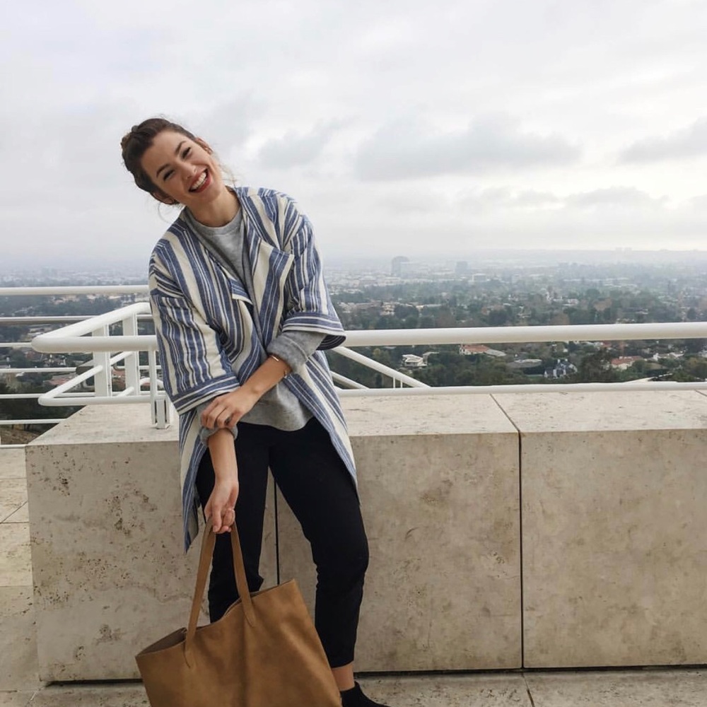 anthropologie blue and cream striped coat